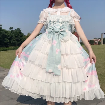 Palace saldus princesė lolita suknelė vintage dirželis aukštos juosmens mielas spausdinimo bowknot viktorijos suknelė kawaii girl lolita cos loli