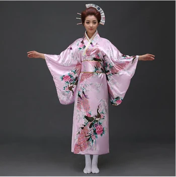 Raudona Tradicinis Moterų Šilko Satino Kimono Yukata Su Obi Naudingumo Šokių Suknelė Japonijos Cosplay Kostiumas Gėlių Vienas Dydis JK070
