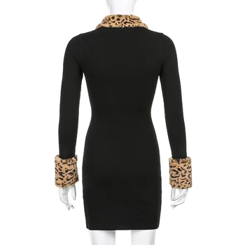 Retro mados leopardas spausdinti susiuvimo atvartas, ilgomis rankovėmis suknelę, moteris visas rungtynes, slim krepšys klubo suknelės