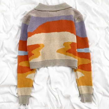 Rudens saulėlydžio aliejaus tapybai nukentėjo spalva turn-žemyn apykaklės sagtis ilgomis rankovėmis megzti megztinis