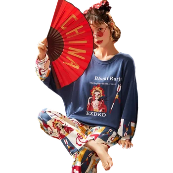 Rudenį Kinijos Stiliaus Mėlyna Pižamos Moterų Mielas Dramos Modelis Sleepwear Mados Mergaitė Medvilnės Pijamas Mujer Laisvalaikio Homewear Moterims