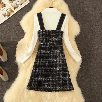 Rudenį, Žiemą 2 Dalių Komplektas Kombinezonai Suknelė Moterims, Elegantiškas Golfo Pullover Sweater +Viena Breasted Pledas Tvido Vest Suknelė Nauja