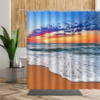 Saulėlydžio Jūros Kraštovaizdžio Dušo Užuolaidos Paplūdimio 3D Vonios kambarys Dekoro Sutemų Natūralios Dekoracijos, Sienų Apdaila Dažymas Audinio Vonios Užuolaidos