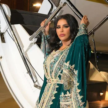 Teal Maroko Kaftan Caftan Musulmonų Vakaro Suknelės-line ilgomis Rankovėmis Aksomo Duobute Dubajus arabų Turkija Abaja Islamo Suknelė