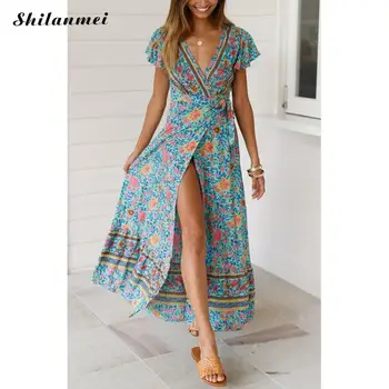 Vasaros Paplūdimio Maxi Suknelė Moterims Criss-Cross Ilgai Gėlių Spausdinti Suknelė Juosmens-Reguliuojamas V-Kaklo Trumpomis Rankovėmis Vientisas Padalinta Sundress