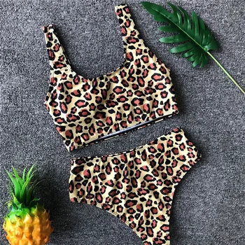 Vasaros Seksualus Retro Tvarstis Bikini Iškirpti Moterų Leopard maudymosi kostiumėlį Push up Maudymosi Kostiumai High Waisted Bikini Komplektas Vonia Biquini