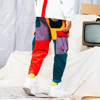 Vyrai Velvetas Krovinių Kelnės Didelės Kišenės Hip-Hop 2019 Haremas Ziajać Jogger Harajuku Sweatpant Streetwear Spalvos Bloką Kratinys Kelnės