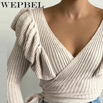 WEPBEL Moterų Elegantiškas Ruožas Liesas Marškinėliai Viršuje Ponios Tvarstis Raukiniai Long Sleeve V-Neck Slim Fit marškinėliai