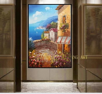 Šiaurės Amerikos club med rankomis dažyti aliejus tapybos stilius, papuošti viešbučio fojė Toskanoje town house namuose
