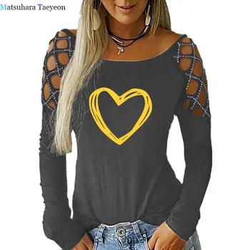 Širdies Grafinis Marškinėlius Moterų Top Atsitiktinis O-neck Tee Seksualus Tuščiaviduriai ilgomis Rankovėmis Marškinėliai Moterims Harajuku Mados Marškinėliai Moterims