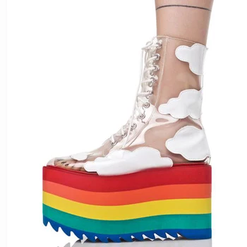 2019 Naujas Rainbow Storio Apačioje Mados Skaidrios PVC Oda Nėrinių Paroda Cool Batai Naktiniuose klubuose Šalies aukštakulnį Moterų Batai