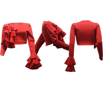 2020 M. Pavasarį Pynimas Apkarpyti Viršūnes Moterims Afrikos Drabužius Kietas Red Flare Rankovės O-Kaklo Trumpi Marškinėliai Vestidos Tee Šalis