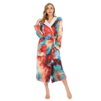 2020 m. Rudens ir Žiemos naujas koralų vilnos pižamą sutirštės ilgas chalatas su gobtuvu kaklaraištis dažyti namų drabužiai moterims, vonia, chalatas moterims