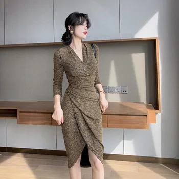 2020 m. rudenį moteriški drabužiai nauji seksualus V-kaklo, plisuotos slim lieknėjimo nereguliarus rankos-suvynioti temperamentas suknelė