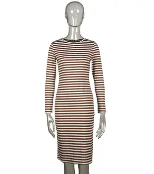 2020 Naujas Mados Moterų Dryžuota Suknelė Patenka Midi ilgomis Rankovėmis Apvalios Kaklo Mergina Pilvą Kontrolės Pusė Padalinta Drabužiai