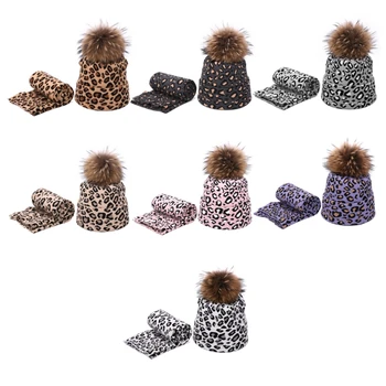 2021 Nauji 2vnt Žiemos Moterys Pompon Beanie Skrybėlių Šalikas Rinkinys Leopardas Šiltu Dirbtiniais Kailiais Pom Pom