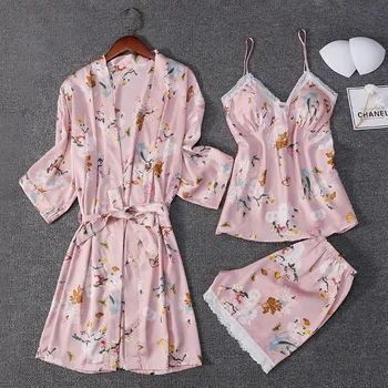 3 gabalus kostiumas Satino Pižamos Sekso Pijama Nustatyti Nightie Sleepwear Gėlių Spausdinti Homewear su Krūtinės Pagalvėlės