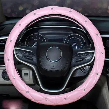 38cm/15Inch Universalus Rožinė Automobilio Vairo Padengti PU Odos Bling Bling kalnų krištolas Dekoro Mados Aksesuarai 2020 Karšto