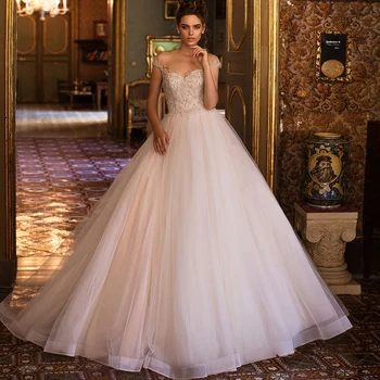 A-Line Wedding Dresses O Kaklo Išjungti Peties Seksualus Backless Appliqued Duobute Prabangūs Krištolo 2021 Naujų Grindų Ilgio Vestuvinės Suknelės
