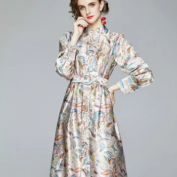 Anglija Stiliaus Moteris Print Dress-Line Aukštos Juosmens Ilgomis Rankovėmis Vidurio Blauzdos Stovėti Rudens Derliaus Mygtuką Naujų Moteris Plisuotos Suknelės