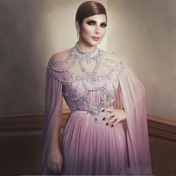 Arabų Ilgą Šifono Vakaro Suknelė Šalis Elegantiška Moteris Dubajus Caftan Kristalų Aukšto Kaklo Promenadzie Suknelė Oficialų Suknelė Chalatas de soiree