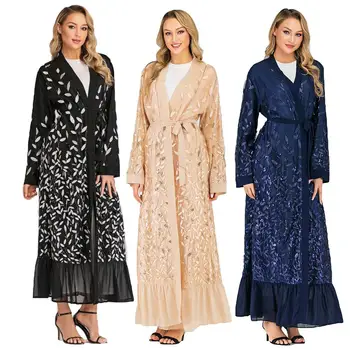 Atvira Moterų Priekiniai Ilgomis Rankovėmis Maxi Suknelė Musulmonų Siuvinėjimo Abaja Dubajus Kaftan Skraiste Megztinis Kimono Islamo Drabužių Arabų Suknelė Nauja