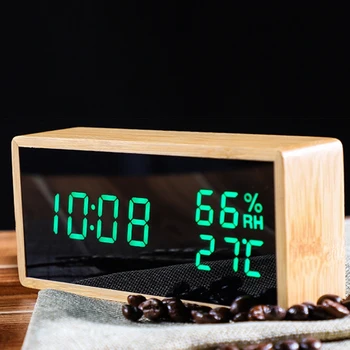 Bambuko Skaitmeninis Laikrodis-Žadintuvas Reguliuojamas Ryškumas Balso Valdymo pulto Didelis Ekranas Laiko, Temperatūros USB/Baterija