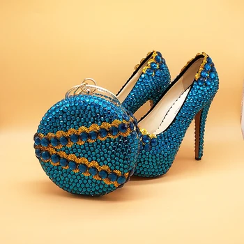 BaoYaFang Melsvai Žalia kristalų Moteriški Vestuviniai bateliai su atitikimo krepšiai aukštakulniai platformos batai ir rankinės moteris Aukštos bateliai