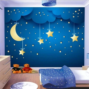 Beibehang Tapetai užsakymą didelis aukštos kokybės žvaigždėtą mėlyną mėnulį, žvaigždes, vaikų animacinių filmų fone sienos tėtis peint freskos 3d