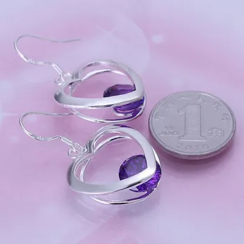 Didmeninė 925 papuošalai sidabro padengtą auskarai, 925 papuošalai sidabro padengtą bižuterijos, Violetinė Akmuo Širdies Auskarai E199