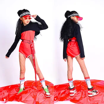 Džiazo Šokio Kostiumai Mergaitėms Raudona Bodysuit Etapo Komplektus Vaikams Hip Hop Kostiumas Vaikams, Gatvės Šokio Spektaklis Drabužius DQS2694