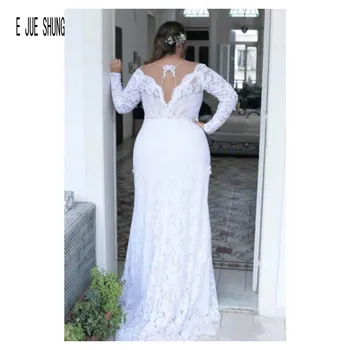 E JUE SHUNG Plius Dydis Nėrinių Vestuvių Suknelė 2019 Long Sleeve V-Kaklo Tuščiaviduriai Atgal A-line Bridal Gown Vestidos de Novia