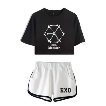EXO Vasaros Cool Dviejų dalių Rinkiniai Moterims Laisvalaikio Stiliaus Spausdinti EXO T-shirt&šortai Rinkiniai Seksuali Moteris Tracksuit Plius Dydis 2XL