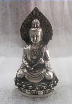Ištobulinta senovės Kinų skulptūra Tibeto sidabro guanyin sėdi ant lotus statula