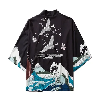 Japonija Stiliaus Krano Atspausdintas Juodos Spalvos Plonas Kimono Vyrų Japonijos Streetwear Vintage Megztinis Striukės Kasdieniai Viršutiniai Drabužiai 2020 M.
