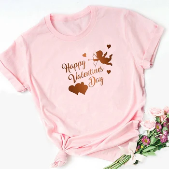 Linksmos Valentino Dieną Moterims T-shirt Kupidonas Spausdinimas Grafinis Tee Pora Drabužių Harajuku Marškinėliai Moterims 2021 Moterų Plius Dydis Viršūnės