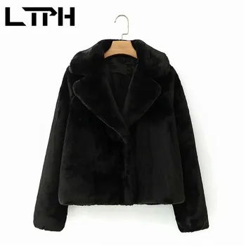 LTPH Aukštos Kokybės korėjos Elegantiškas dirbtiniais kailių paltai moterims Mados paprasta juoda Prarasti striukė kailis Tirštėti Šiltas Outwear 2020 M. Žiemos Naujas