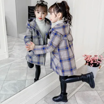 Mados mergaitė vilnoniai paltai striukės elegantiškas pledas gobtuvu striukė paltai 2-12years mergaitės vaikas, vaikai storio viršutiniai drabužiai