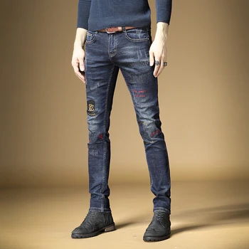 Mados Vyrų Siuvinėjimo Blue Jeans Streetwear Ruožas Džinsinio Audinio Kelnės Tiesios Slim Fit Kelnės