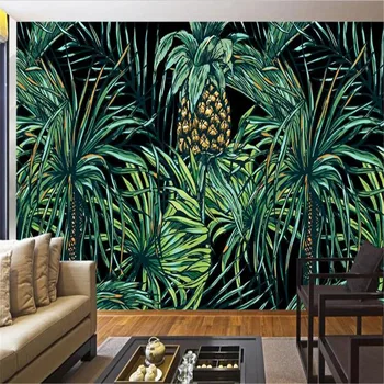 Milofi HD rankomis dažyti Pietryčių Azijos stiliaus palmių lapai freskos fone sienos