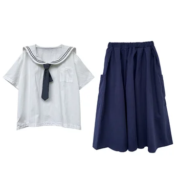 Moterys Vasarą Kawaii 2 dalių Kostiumą Sailor Apykakle Balti Marškiniai trumpomis Rankovėmis ir Aukštos Juosmens Elastinga-line Sijonas Japonija Stilius Saldus Rinkiniai