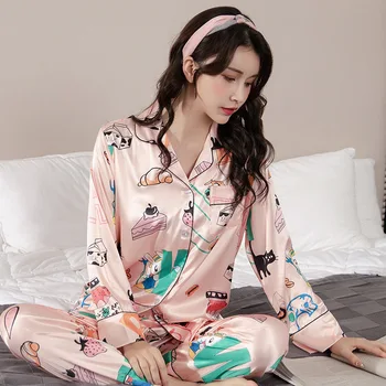 Moterų Pajama Komplektai Šilko Satino Pijama Turn-žemyn Apykaklės Sleepwear Lady ilgomis Rankovėmis Pavasario naktiniai drabužiai Femme 2 Vienetų Rinkinių Homewear