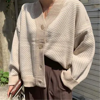 Naujas Vintage Korėjos Megztas Dryžuotas Megztinis Moterų Mados Vieno Krūtinėmis Batwing Rankovėmis Megztinis Rudenį, Žiemą, Purus Kailis