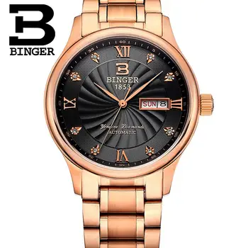 Nauji vyriški laikrodžiai prabangos prekės BINGER šviesos Kvarciniai Laikrodžiai visą nerūdijančio plieno, atsparus Vandeniui Aukso spalvos laikrodis B603B-7