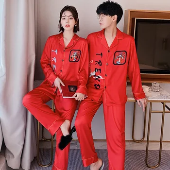 Pavasarį Ir Rudenį Porų Satino Pižama Kostiumas Mygtuką Atsitiktinis Vyrai Moterys Kinų Stiliaus ilgomis rankovėmis Pižamos Kelnės Namų Paslauga