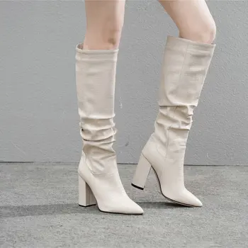 Plus size 34-43 Naujo prekės ženklo moterų batai storio aukšti kulniukai rudens-žiemos batai kaubojus vakarų kelio auliniai batai moterims, batai