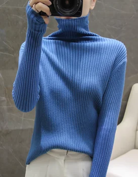 Ponios aukšto kaklo vientisos spalvos rudenį ir žiemą ilgomis rankovėmis megzti megztinis