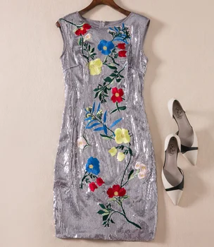 Prabangūs Blizgančiais Dizaineris Moterims Gėlių Siuvinėjimas Suknelė Mados O-Kaklo, Rankovių Mini Suknelės 5329