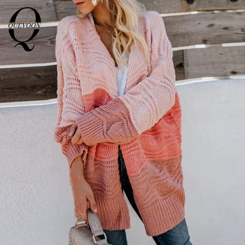 QUEVOON Rožinė Colorblocking Moterų susagstomi megztiniai Laisvalaikio Stiliaus Biuro Rudenį, Žiemą Ilgai Megztiniai Megzti Overszie Streetwear Cardigan