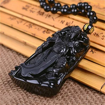 Ranka Raižyti Guanyu Natūralus Juodas Obsidianas Jade Pakabukas Karoliai Kinijos Mados Juvelyrika Žavesio Amuletas Aksesuarai Dovanos Vyrams
